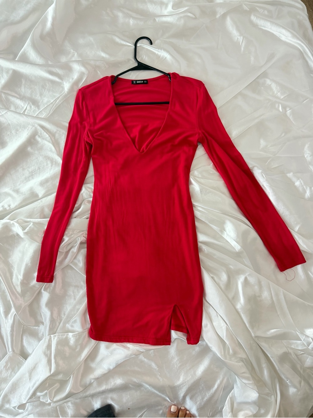 SHEIN Red Long Sleeve V-Neck Bodycon Dress with Front Slit